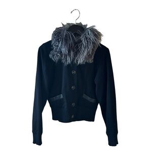 Black Bellen Brand Bomber Jacket Gray Faux Fur Collar w/ Leather Trim